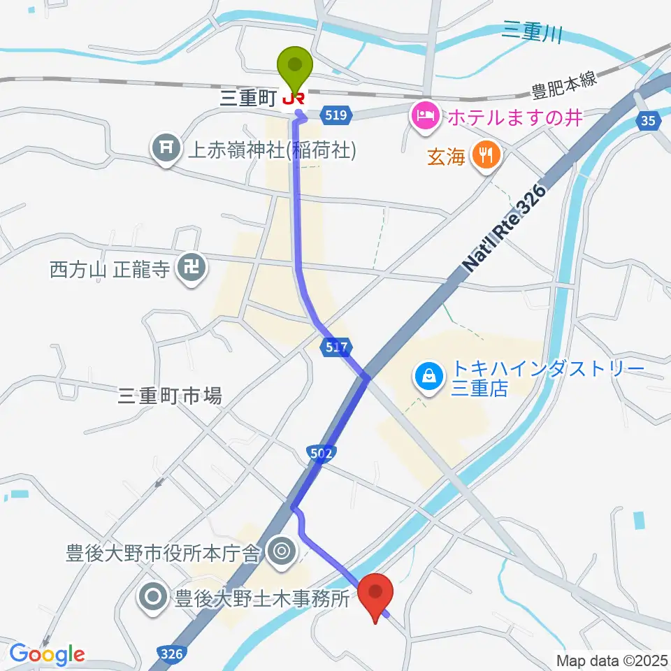 豊後大野市資料館の最寄駅三重町駅からの徒歩ルート（約13分）地図