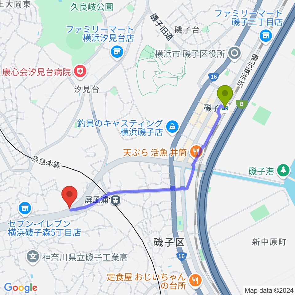 磯子駅からStudio YAYAへのルートマップ地図