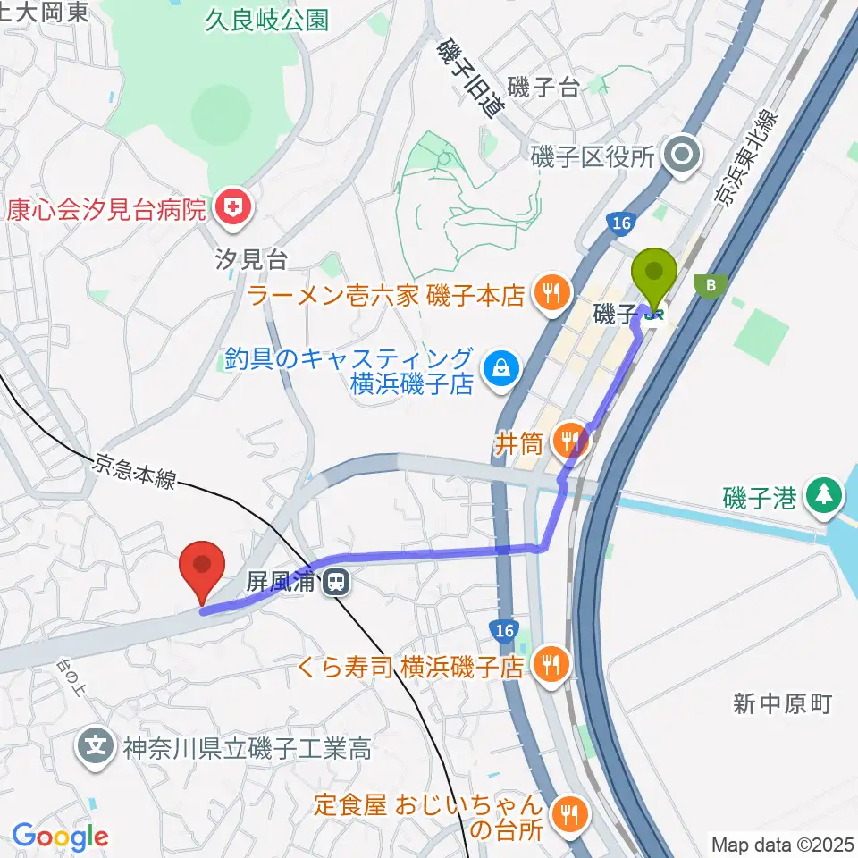 磯子駅からStudio YAYAへのルートマップ地図