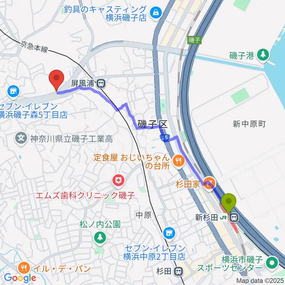 新杉田駅からStudio YAYAへのルートマップ地図