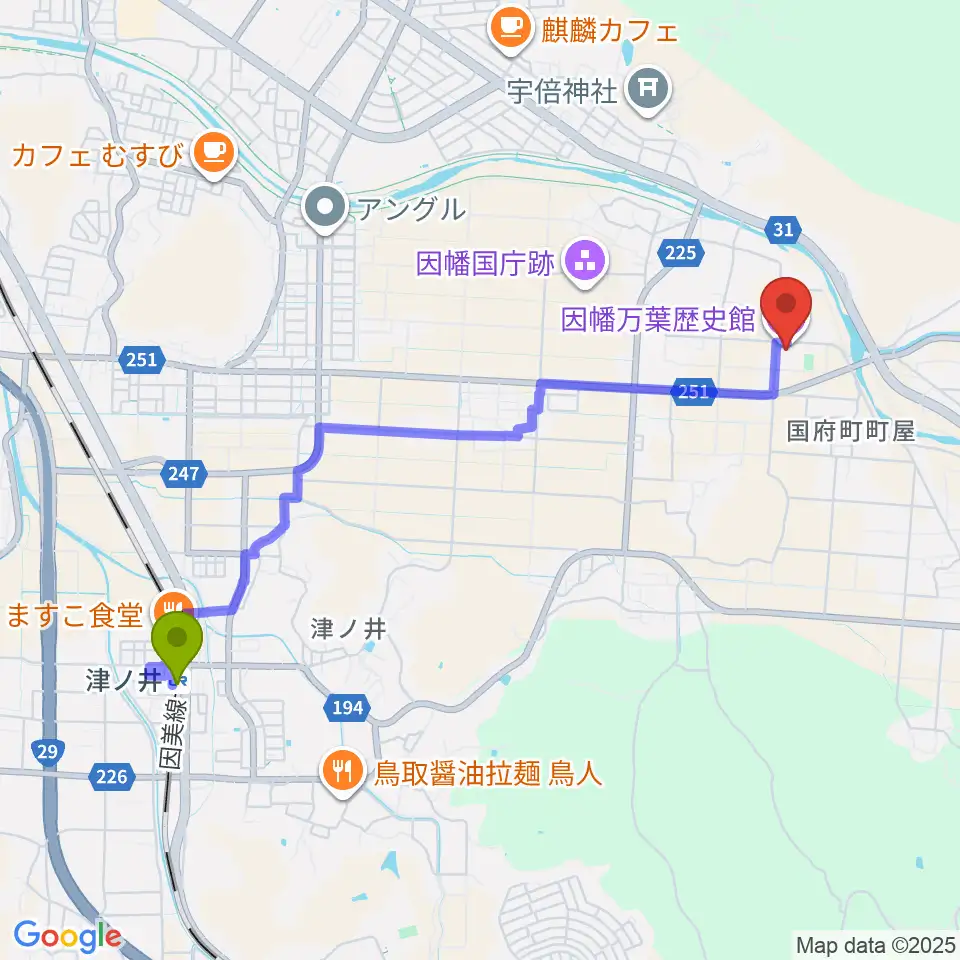 鳥取市因幡万葉歴史館の最寄駅津ノ井駅からの徒歩ルート（約45分）地図