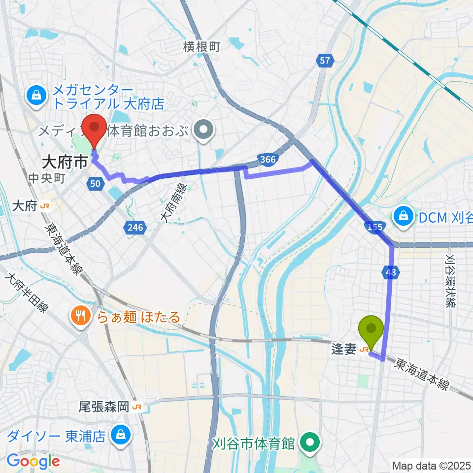 逢妻駅から大府市歴史民俗資料館へのルートマップ地図