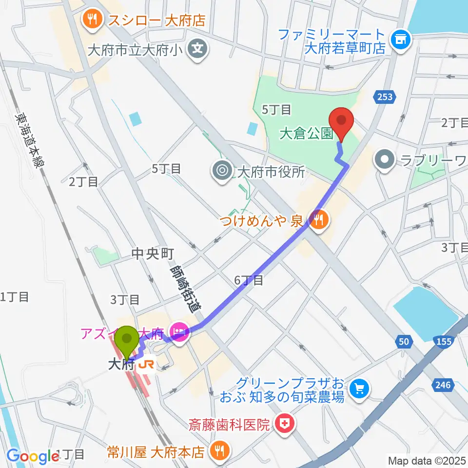 大府市歴史民俗資料館の最寄駅大府駅からの徒歩ルート（約10分）地図