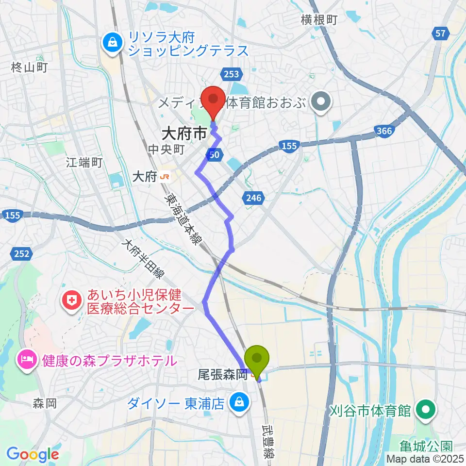 尾張森岡駅から大府市歴史民俗資料館へのルートマップ地図