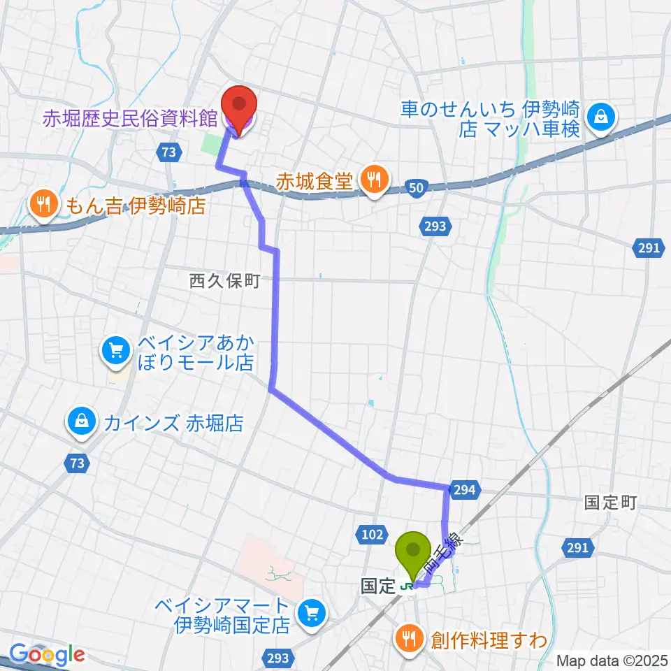 赤堀歴史民俗資料館の最寄駅国定駅からの徒歩ルート（約44分）地図