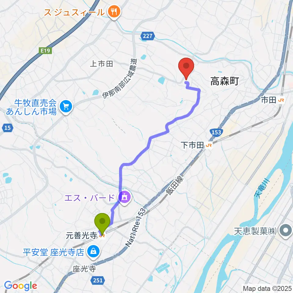 元善光寺駅から高森町歴史民俗資料館へのルートマップ地図