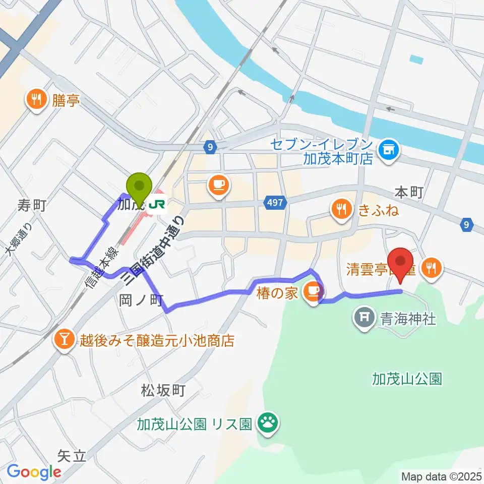 加茂市民俗資料館の最寄駅加茂駅からの徒歩ルート（約8分）地図
