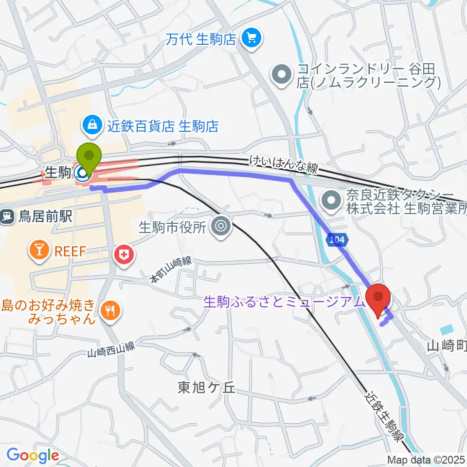 生駒駅から生駒ふるさとミュージアムへのルートマップ地図