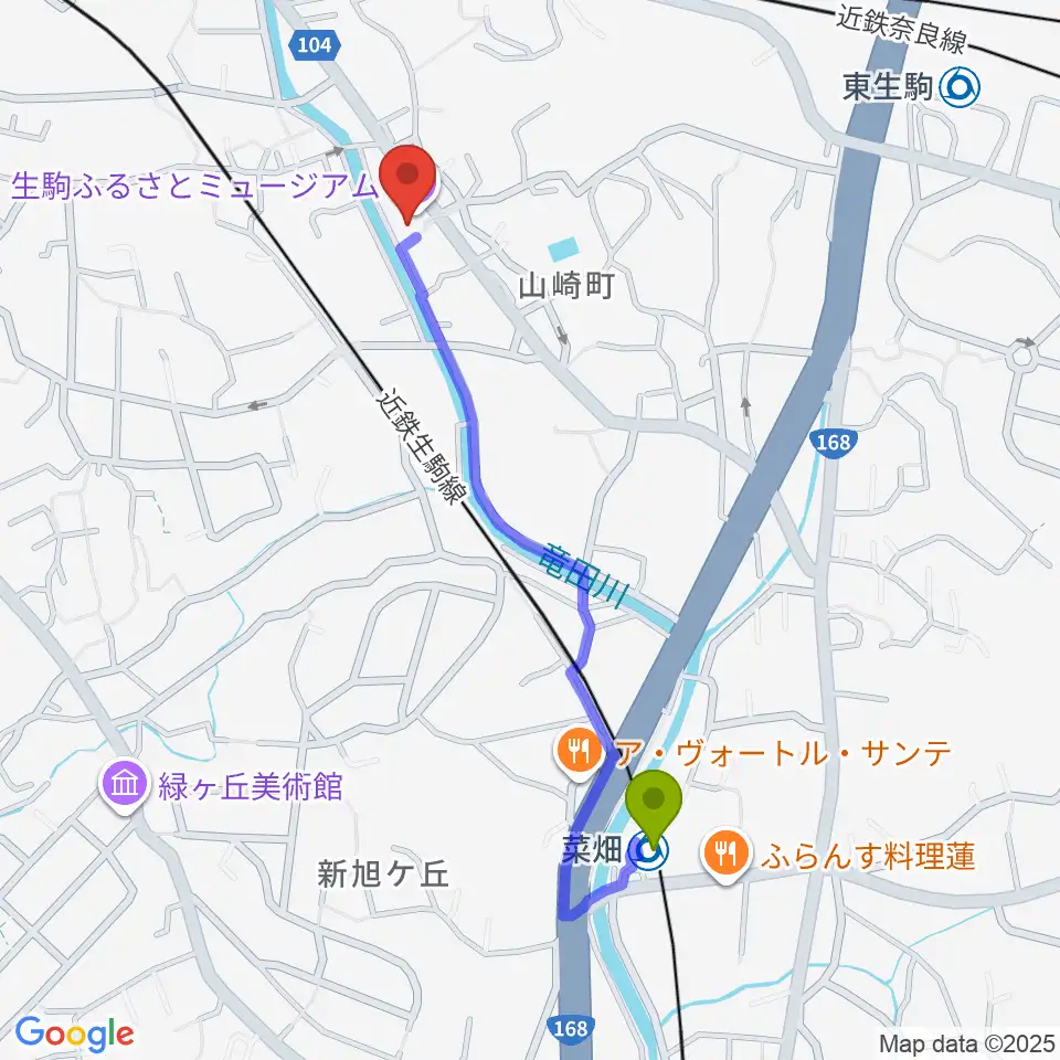 菜畑駅から生駒ふるさとミュージアムへのルートマップ地図