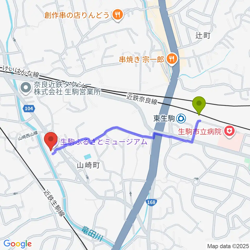 生駒ふるさとミュージアムの最寄駅東生駒駅からの徒歩ルート（約10分）地図