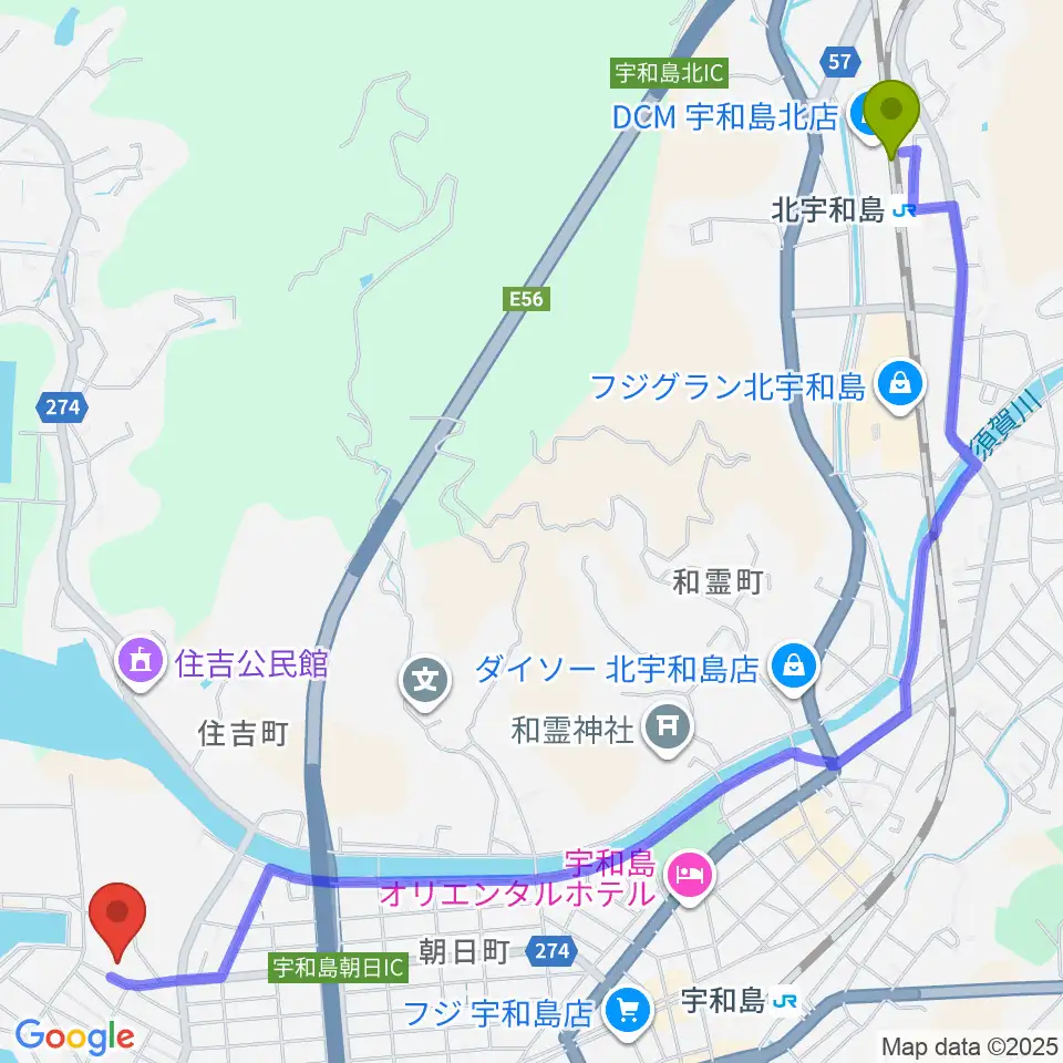北宇和島駅から宇和島市立歴史資料館へのルートマップ地図