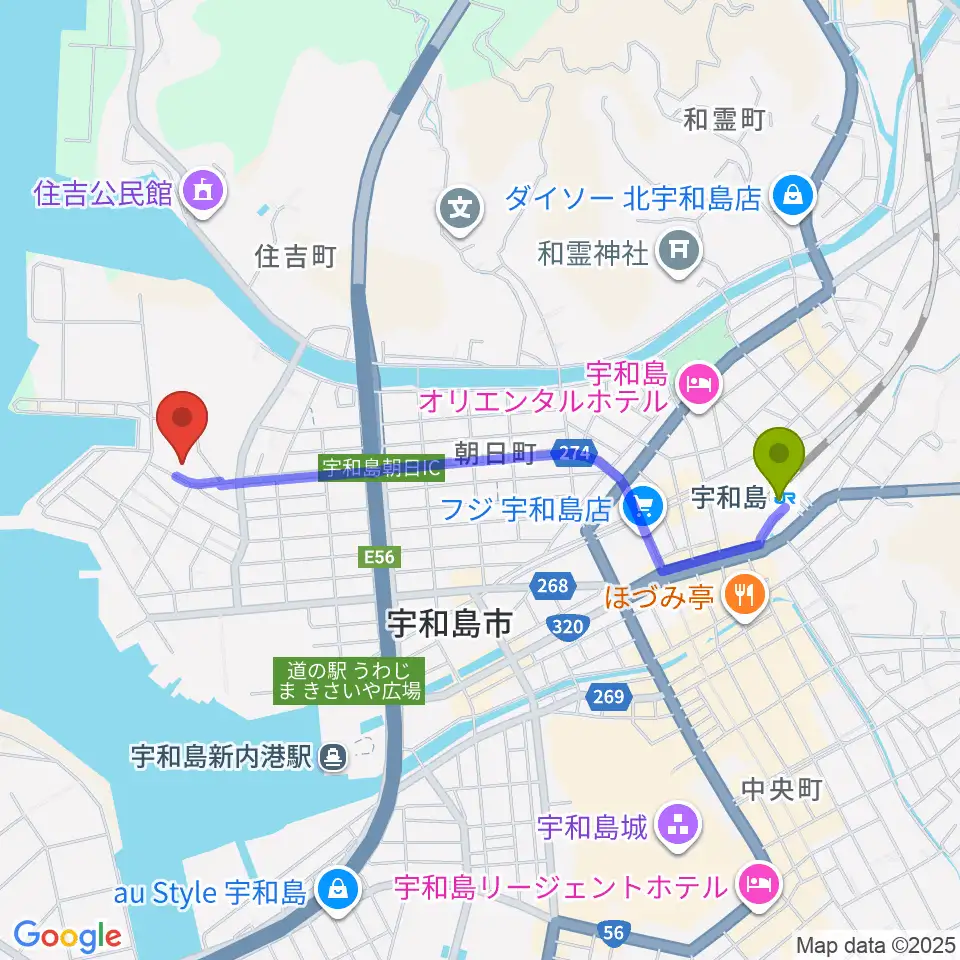 宇和島市立歴史資料館の最寄駅宇和島駅からの徒歩ルート（約20分）地図