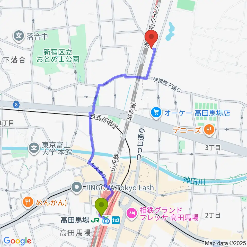 高田馬場駅から切手の博物館へのルートマップ地図