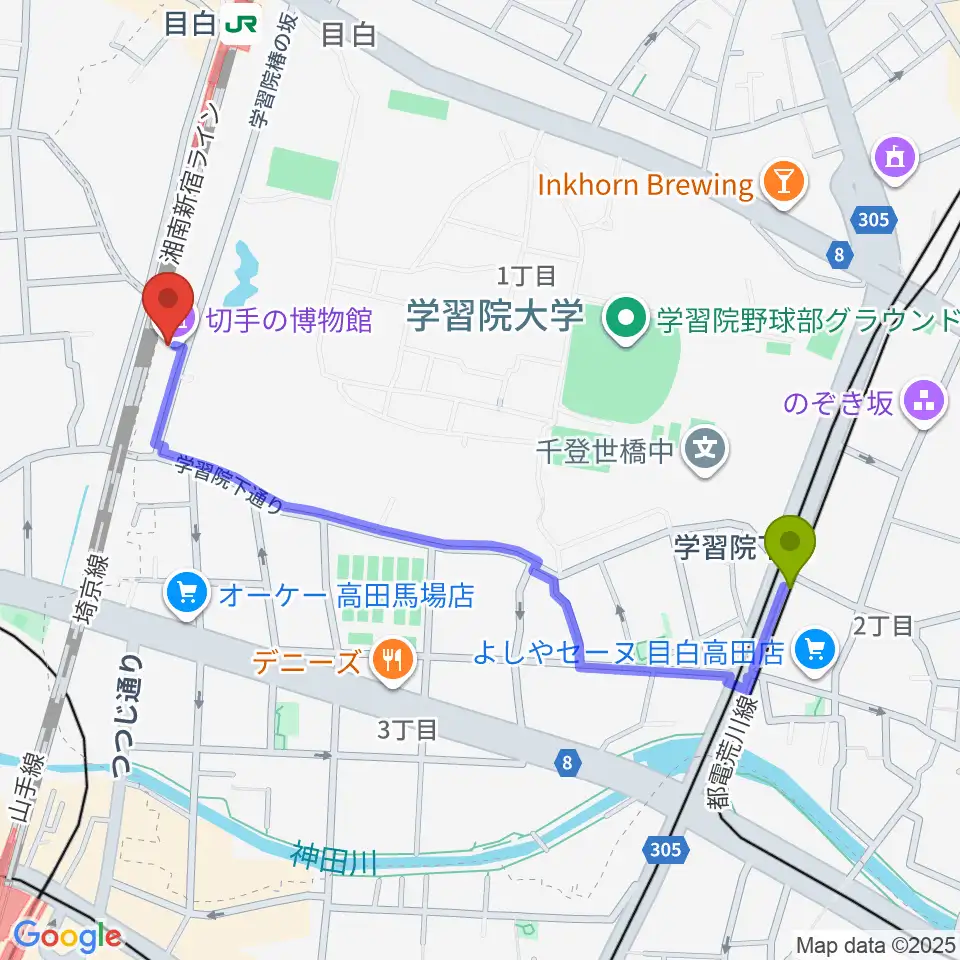 学習院下駅から切手の博物館へのルートマップ地図