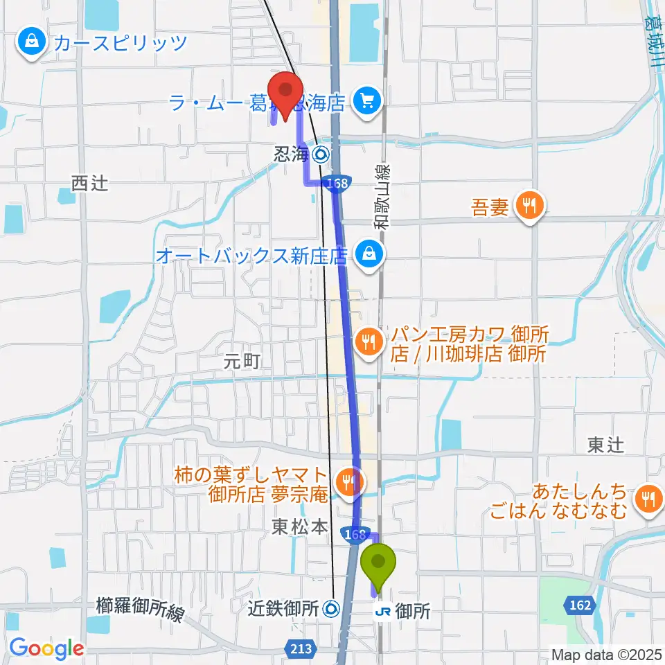 御所駅から葛城市歴史博物館へのルートマップ地図