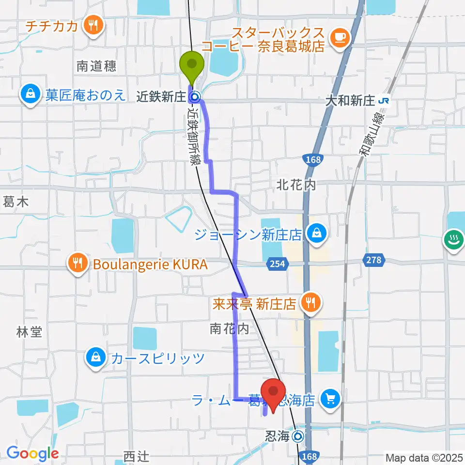 近鉄新庄駅から葛城市歴史博物館へのルートマップ地図