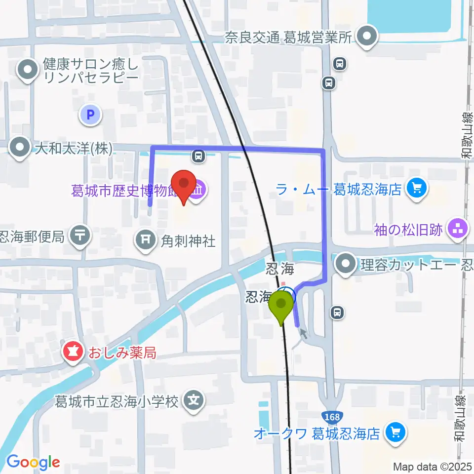葛城市歴史博物館の最寄駅忍海駅からの徒歩ルート（約3分）地図