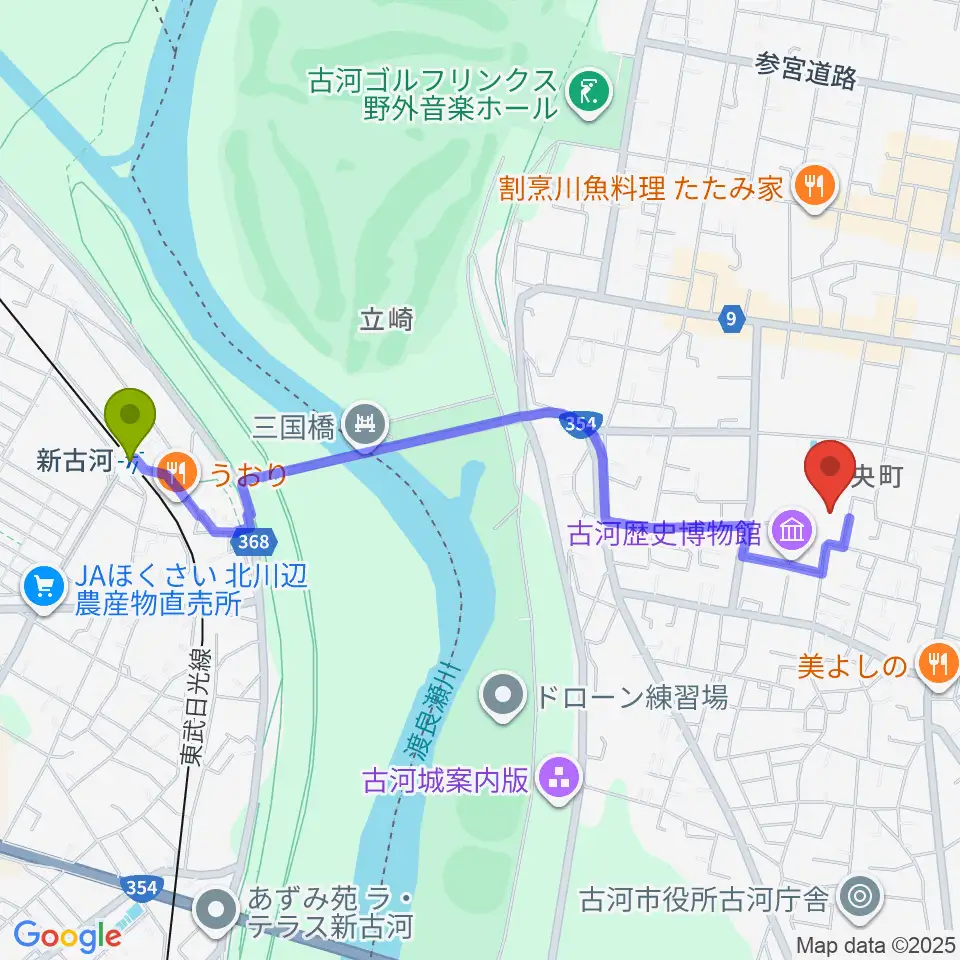 新古河駅から古河文学館へのルートマップ地図