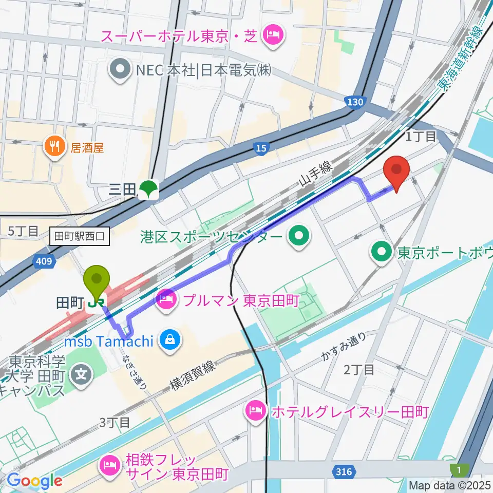 田町駅から港区立伝統文化交流館へのルートマップ地図