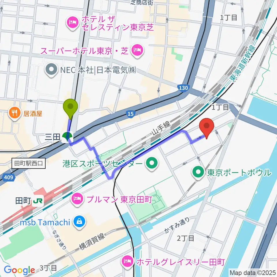 港区立伝統文化交流館の最寄駅三田駅からの徒歩ルート（約8分）地図