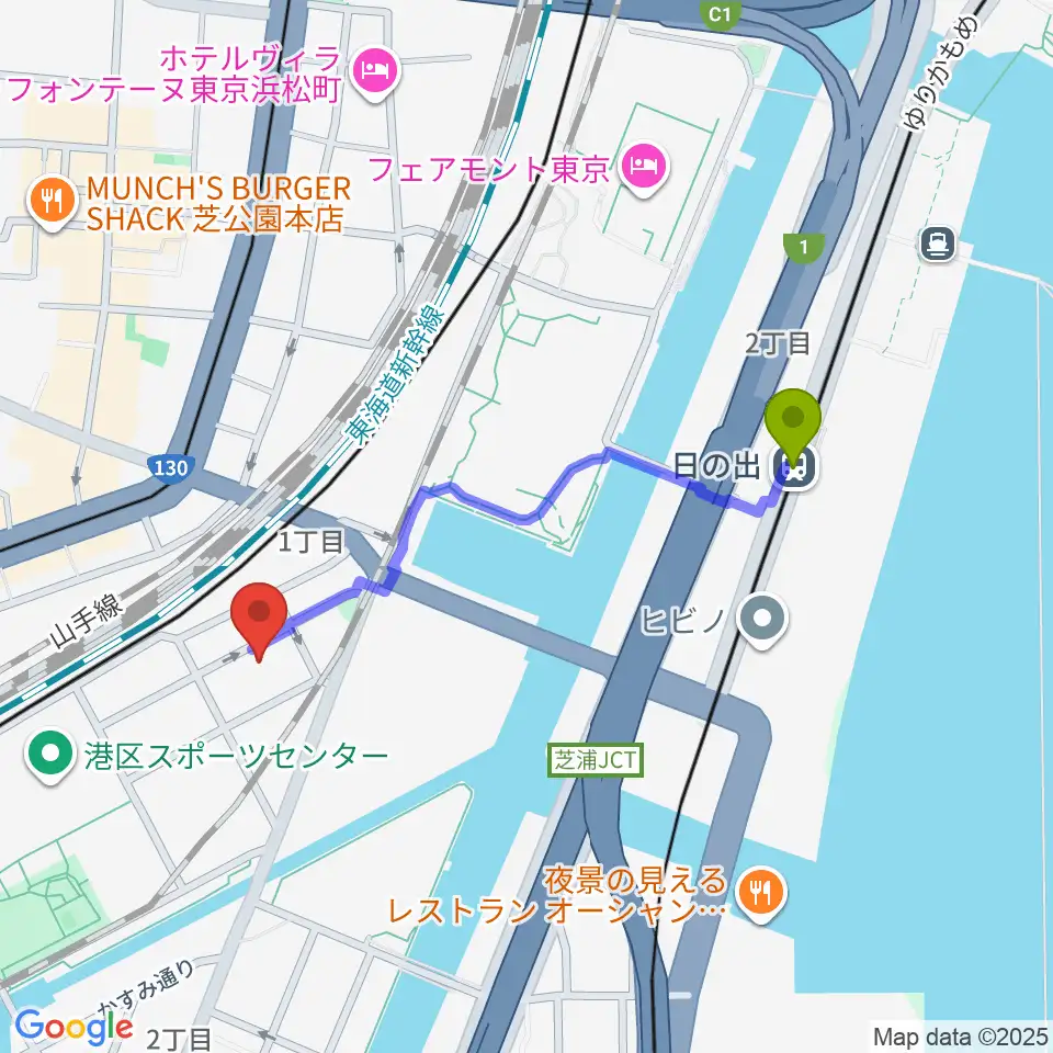 日の出駅から港区立伝統文化交流館へのルートマップ地図