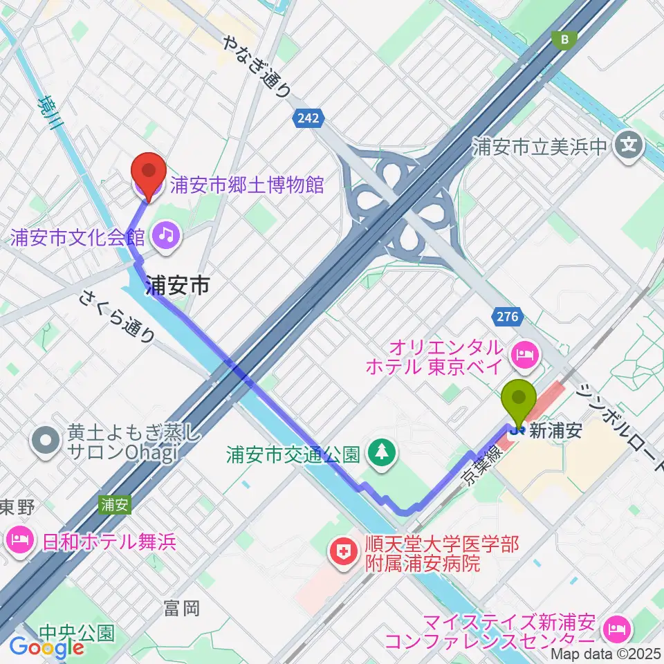 浦安市郷土博物館の最寄駅新浦安駅からの徒歩ルート（約20分）地図