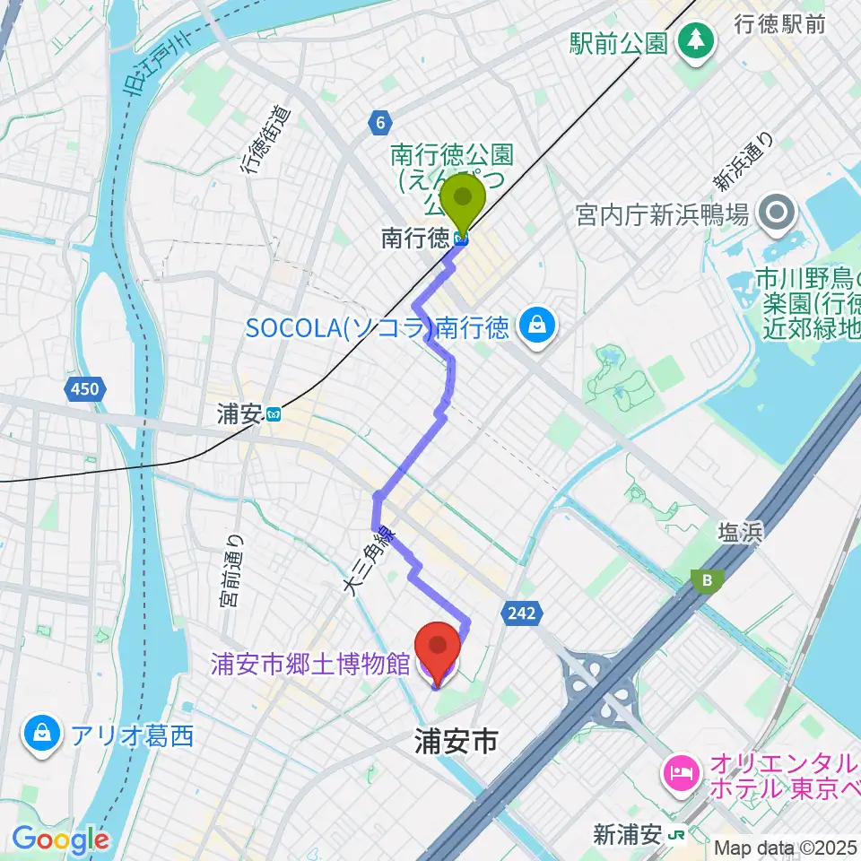 南行徳駅から浦安市郷土博物館へのルートマップ地図