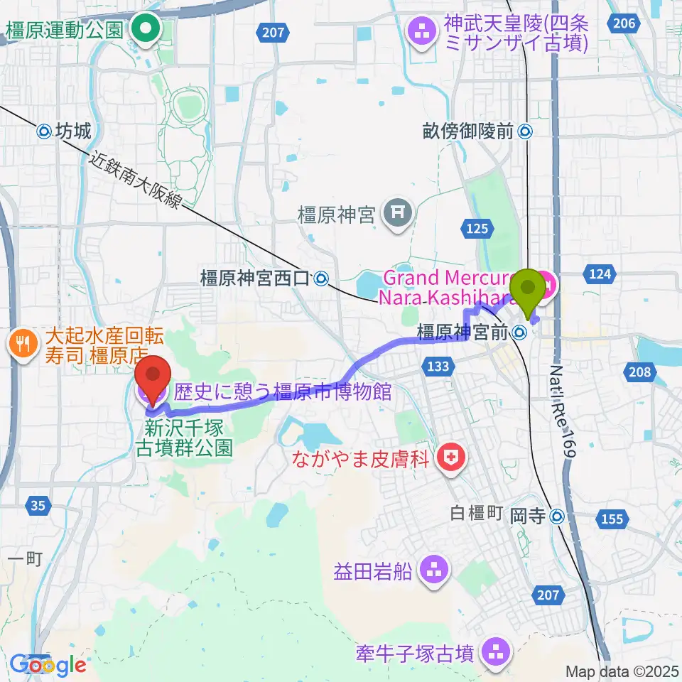 橿原神宮前駅から歴史に憩う橿原市博物館へのルートマップ地図