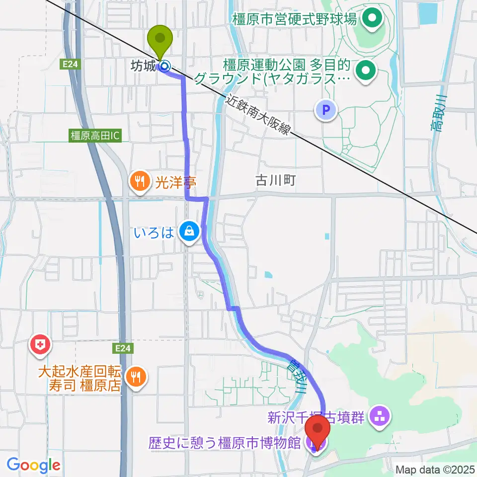坊城駅から歴史に憩う橿原市博物館へのルートマップ地図