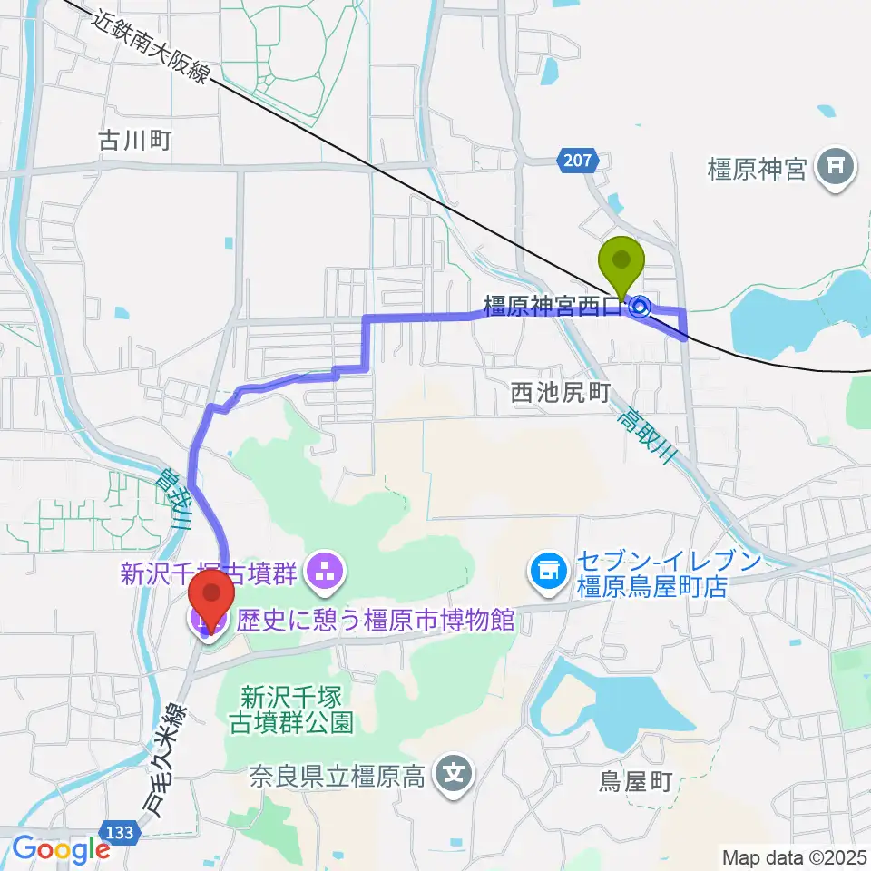 歴史に憩う橿原市博物館の最寄駅橿原神宮西口駅からの徒歩ルート（約19分）地図