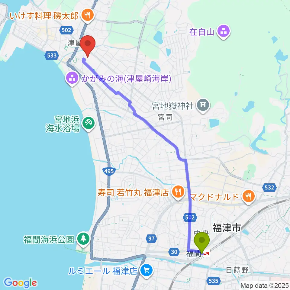 福津市カメリアステージ歴史資料館の最寄駅福間駅からの徒歩ルート（約50分）地図