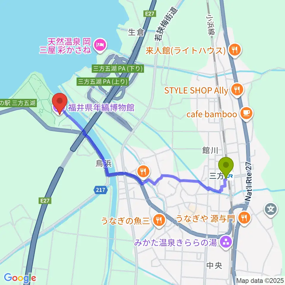 福井県年縞博物館の最寄駅三方駅からの徒歩ルート（約19分）地図