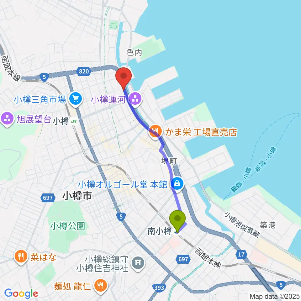 南小樽駅から小樽市総合博物館 運河館へのルートマップ地図