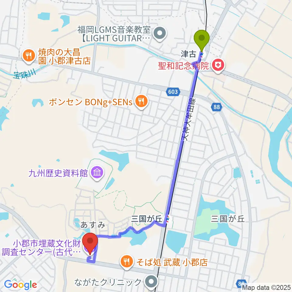 津古駅から古代体験館おごおりへのルートマップ地図