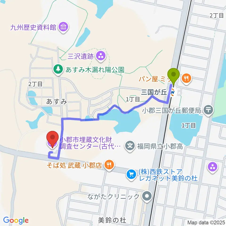 古代体験館おごおりの最寄駅三国が丘駅からの徒歩ルート（約10分）地図