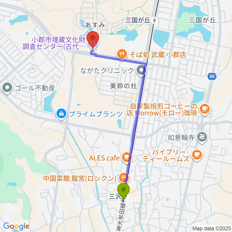三沢駅から古代体験館おごおりへのルートマップ地図