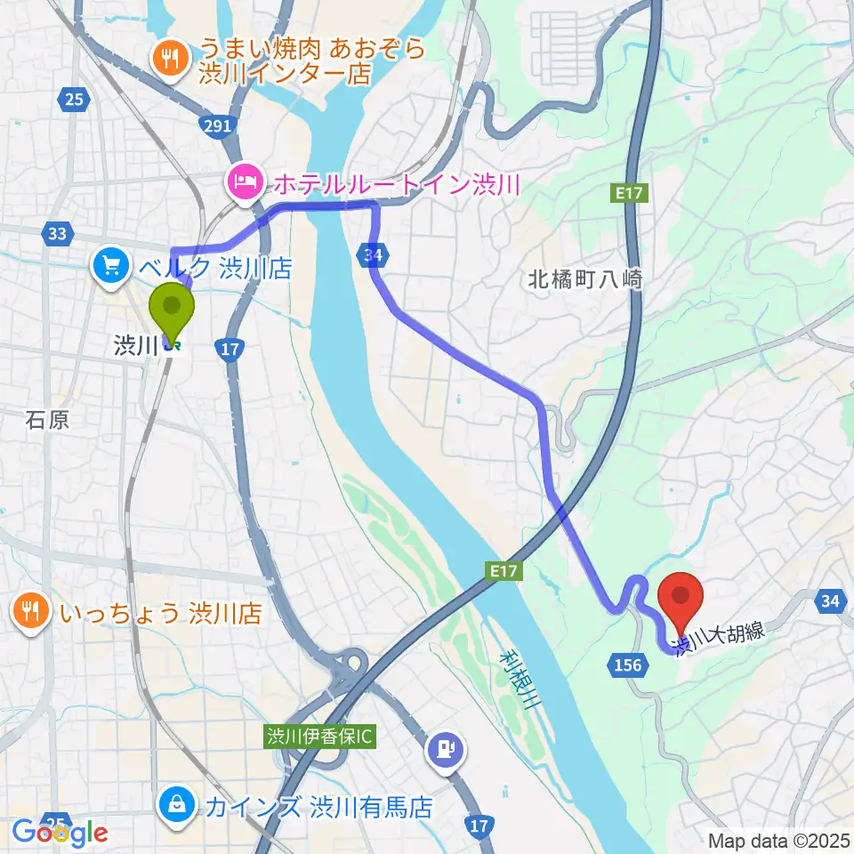 渋川駅から渋川市北橘歴史資料館へのルートマップ地図