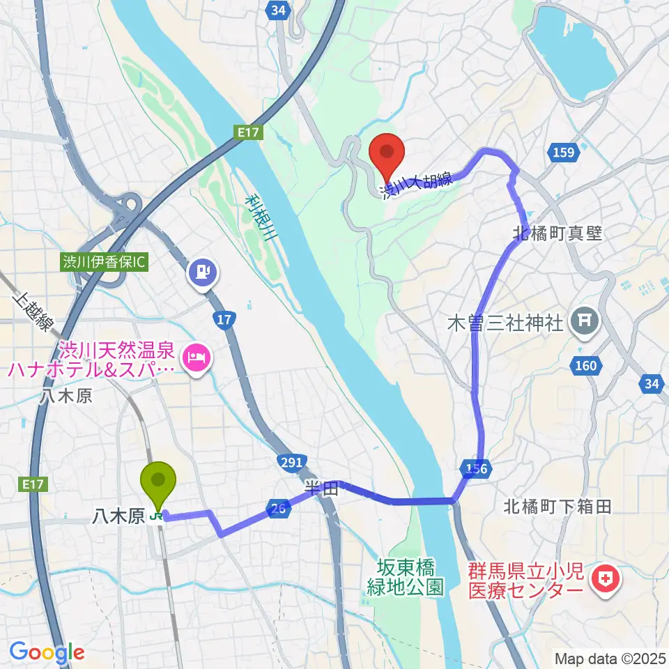 渋川市北橘歴史資料館の最寄駅八木原駅からの徒歩ルート（約37分）地図