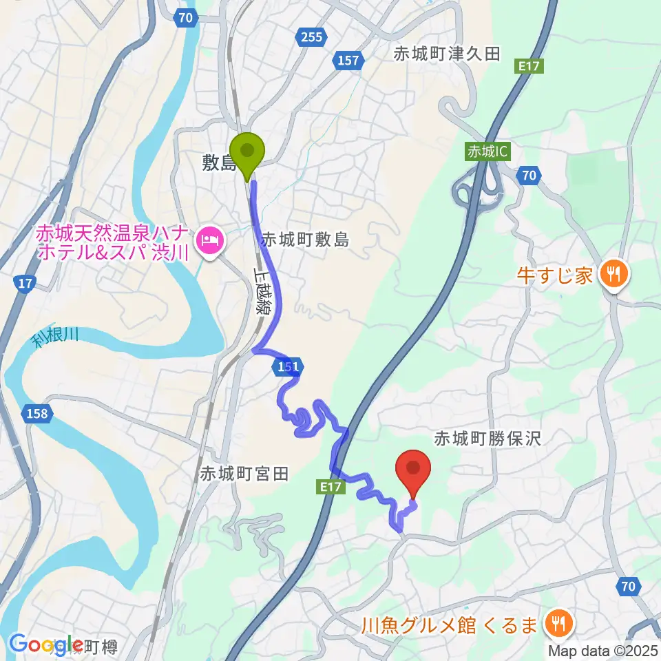 渋川市赤城歴史資料館の最寄駅敷島駅からの徒歩ルート（約33分）地図