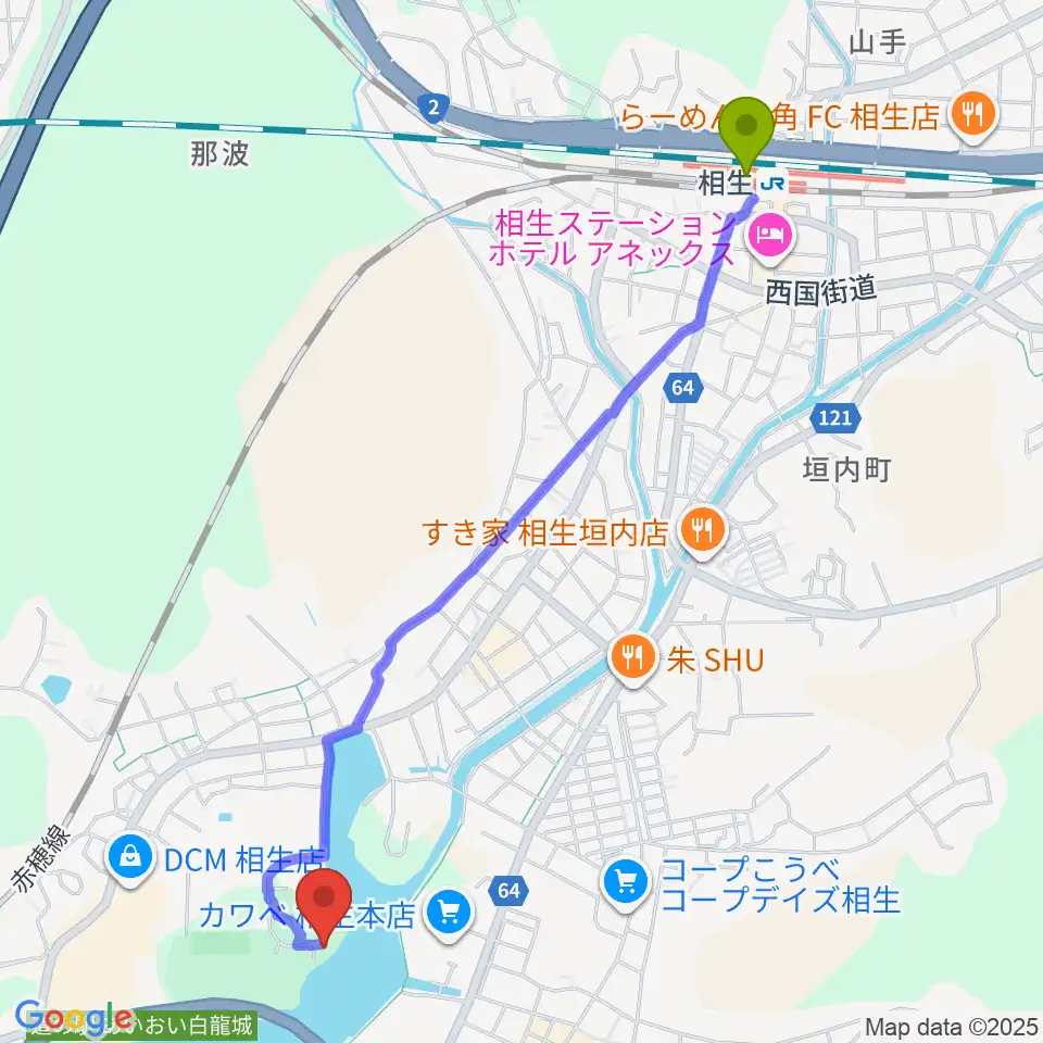 相生駅から相生市立歴史民俗資料館へのルートマップ地図