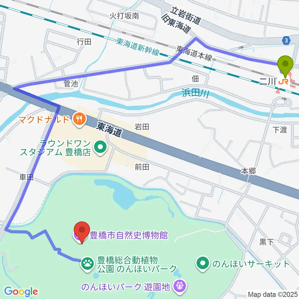 豊橋市自然史博物館の最寄駅二川駅からの徒歩ルート（約14分）地図