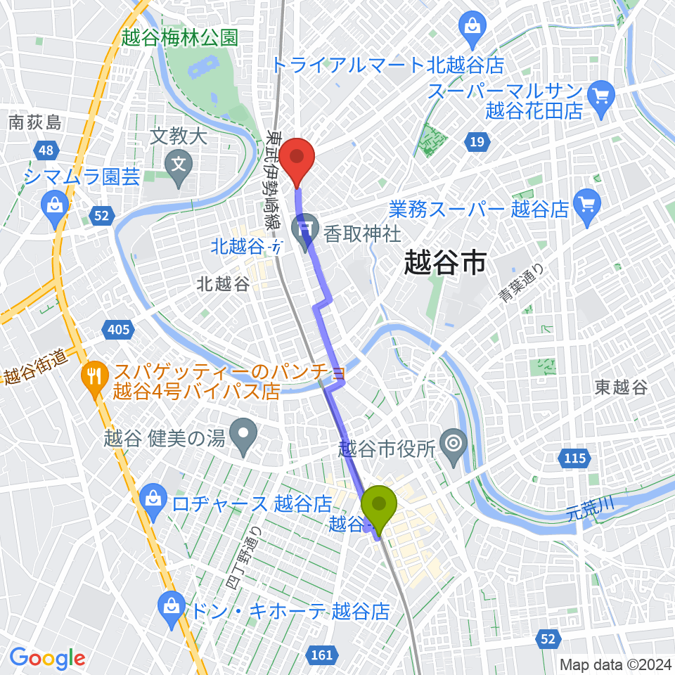 越谷駅からSTUDIO JOURNEYへのルートマップ地図