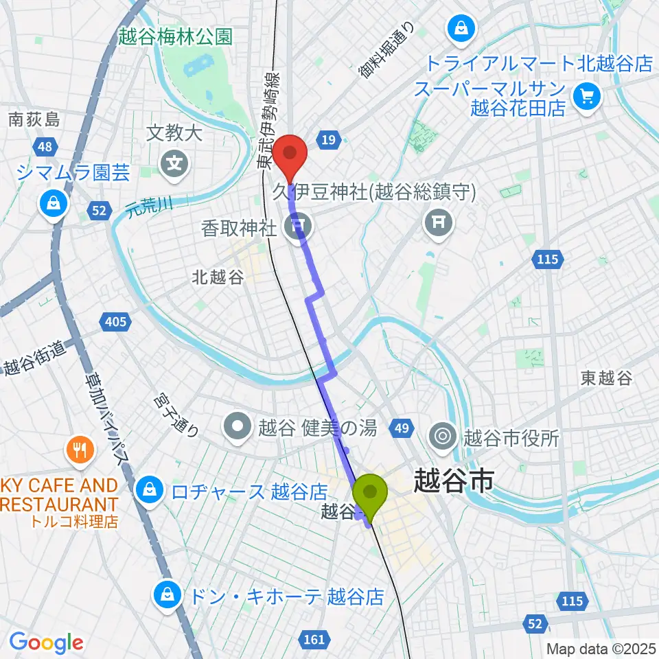 越谷駅からSTUDIO JOURNEYへのルートマップ地図