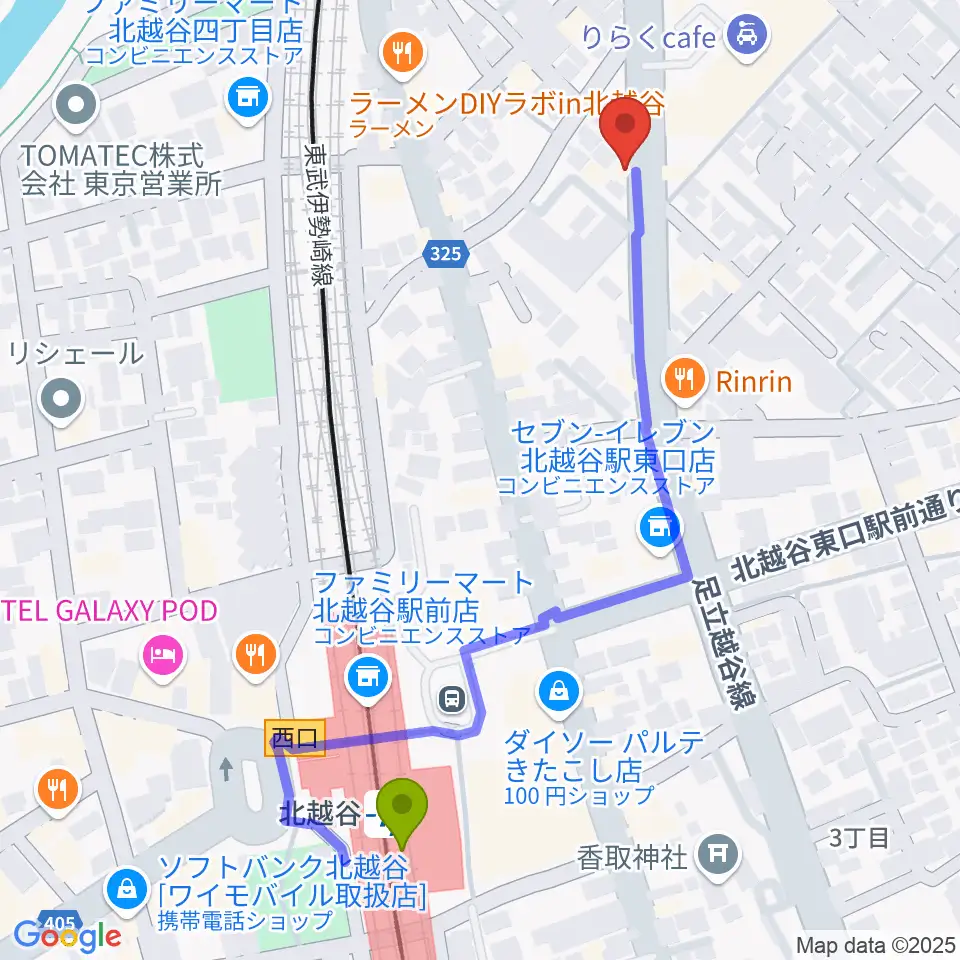 STUDIO JOURNEYの最寄駅北越谷駅からの徒歩ルート（約6分）地図