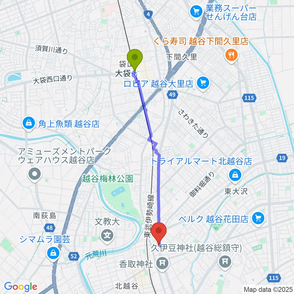 大袋駅からSTUDIO JOURNEYへのルートマップ地図