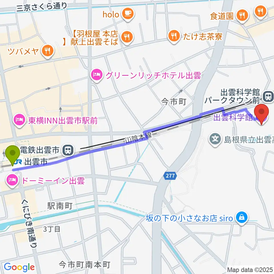出雲市駅から出雲科学館へのルートマップ地図