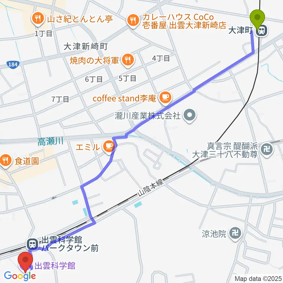 大津町駅から出雲科学館へのルートマップ地図