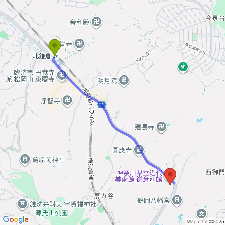 北鎌倉駅から神奈川県立近代美術館 鎌倉別館へのルートマップ地図