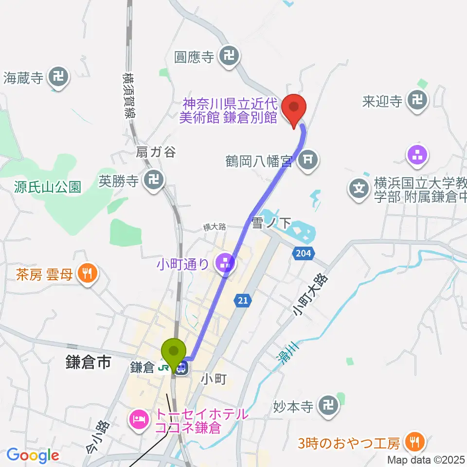 神奈川県立近代美術館 鎌倉別館の最寄駅鎌倉駅からの徒歩ルート（約18分）地図