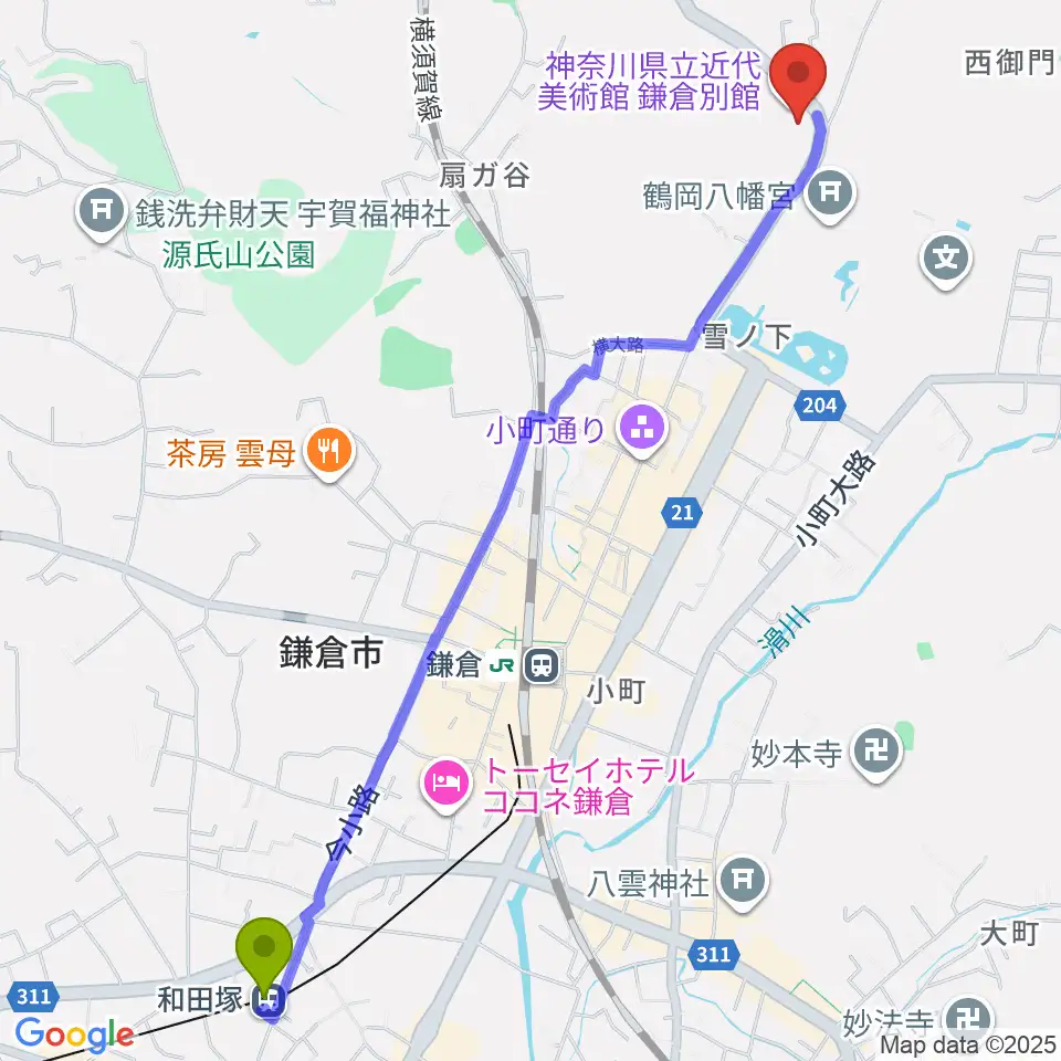 和田塚駅から神奈川県立近代美術館 鎌倉別館へのルートマップ地図